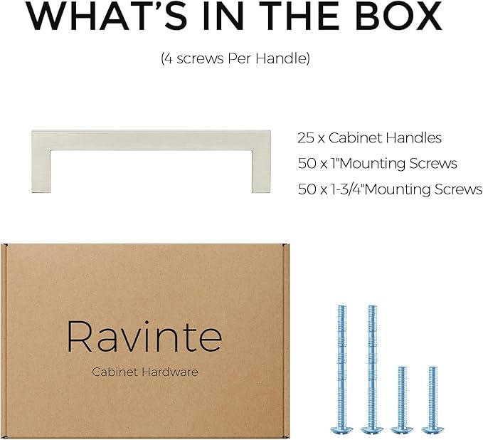 Ravinte 25 Pack Solid 4 Inch Center to Center Slim Square Bar Drawer Handles Kitchen Cabinet Handles Brushed Nickel Drawer Pulls Kitchen Cabinet Hardware Kitchen Handles Cabinet Pulls