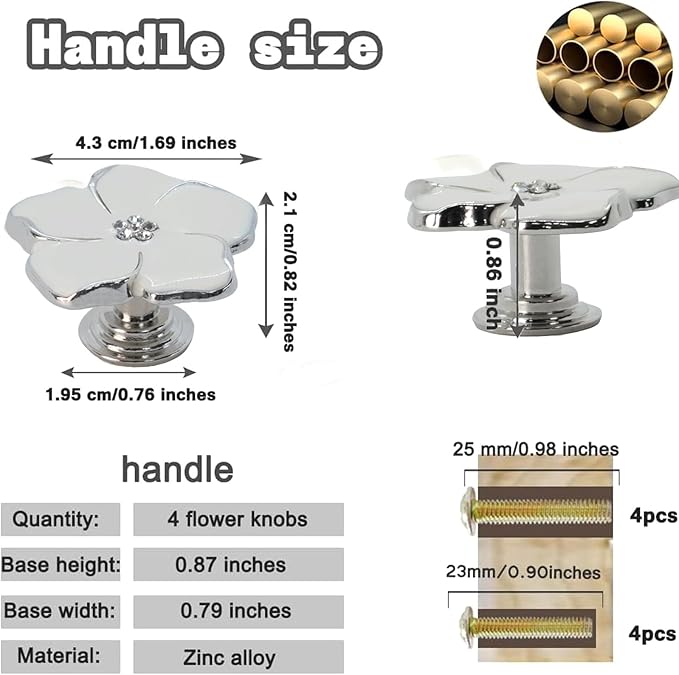 4 pcs White Flower Petal Handles Kitchen Handle Petal Knob Hand Zinc Alloy Single Hole Knob Inlaid Rhinestone Hand Handle for Cabinets,Drawers, Wardrobes Furniture Decoration(Silver Bottom)