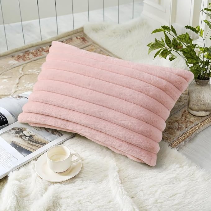 decorUhome Fall Faux Fur Throw Pillow Covers 12x20 Set of 2 Pink | Decorative - Image 4