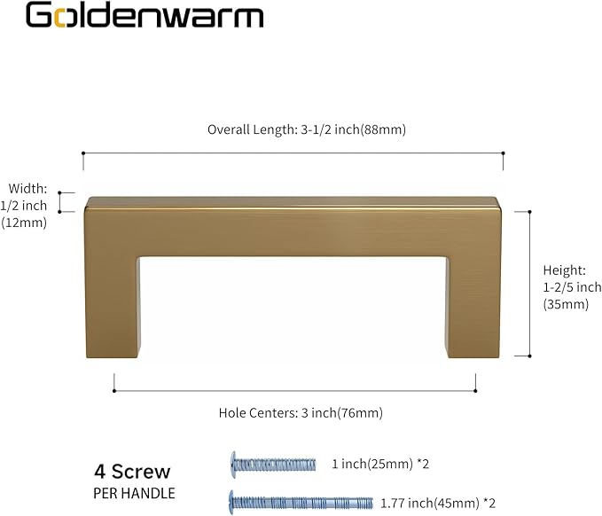 goldenwarm 25 Pack Champagne Bronze Cabinet Pulls Gold Cabinet Handles 3 Inch Champagne Drawer Pulls Brushed Bronze Drawer Handles Square Kitchen Hardware for Cupboard Bedroom Dresser