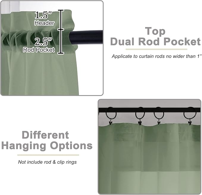 Sage Green Sheer Curtains 84 Inches Long 2 Panels Set - Image 3