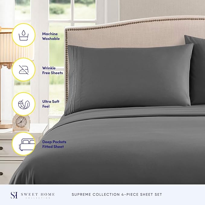 King Size Sheets - Breathable Luxury Bed Sheets with Full Elastic & Secure Corner Straps Built In - 1800 Supreme Collection Extra Soft Deep Pocket Bedding, Sheet Set, EXTRA DEEP pocket - King, Gray