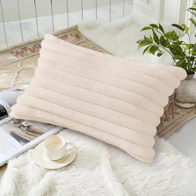 decorUhome Fall Faux Fur Throw Pillow Covers 12x20 Set of 2 Beige | Decorative - Image 4