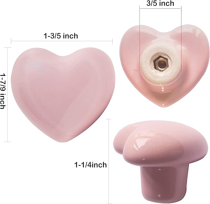 Ceramic Drawer Knobs Heart Shape Cabinet Dresser Pulls Handles with 3 Sized Screws, Kitchen Furniture Knobs for Closet Cupboard Wardrobe (10 Pack, Pink)