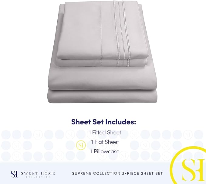 Twin Sheets - Breathable Luxury Sheets with Full Elastic & Secure Corner Straps Built In - 1800 Supreme Collection Extra Soft Deep Pocket Bedding Set, Sheet Set, Twin, Silver