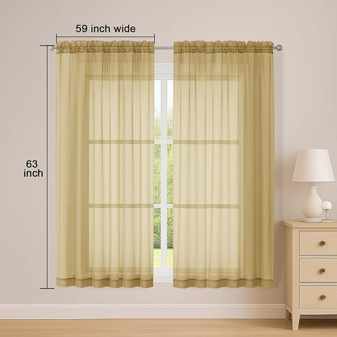 Sheer Gold Curtains, Sheer Curtains 63 inch Length 2 Panels Set, Rod Pocket - Image 2