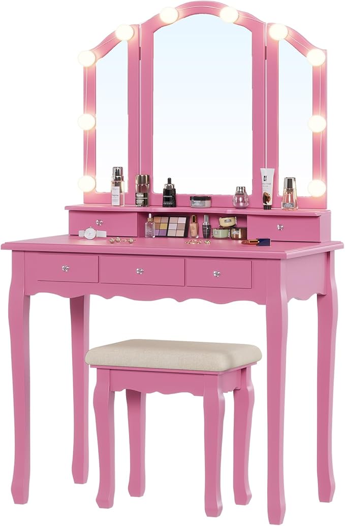 Tiptiper Vanity Desk with Tri-Fold Mirror and Lights, Makeup Vanity with Wood Upholstered Stool, Makeup Desk with 5 Drawers & 8 Jewelry Hooks, Small Vanity, Pink