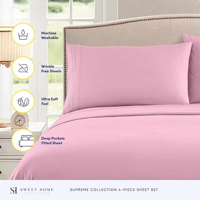 California King Sheet Sets - Breathable Luxury Sheets with Full Elastic & Secure Corner Straps Built In - 1800 Supreme Collection Cal King Deep Pocket Bedding Set, Sheet Set, California King, Pink