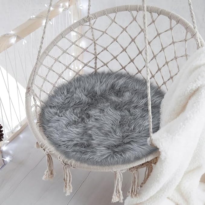 15.7 Inch Grey Mini Round Faux Fur Sheepskin Rugs Small Fluffy Circle Rug by TENNOLA