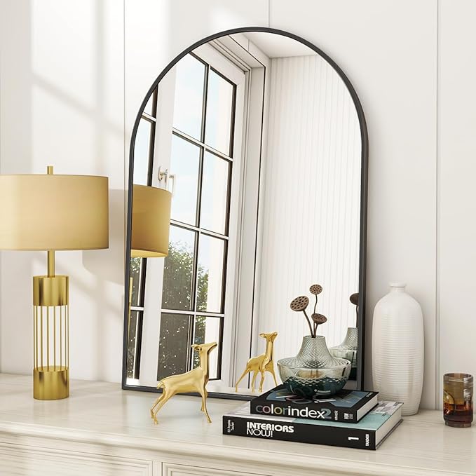 VooBang Arched Wall Mirror, 24 x 36 inch Arch Bathroom Mirror, Wall Mounted Vanity Mirror with Arch Metal Frame, Modern Bathroom Vanity Mirror for Bedroom, Living Room, Hanging or Leaning, Black