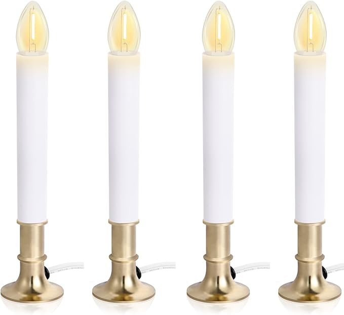 4-Pack Electric Christmas Window Candle Lights Dusk to Dawn with Shatterproof Plastic LED Bulbs, Plug-in Corded Window Candle Lamps, Auto On/Off Light Sensor, 4 Suction Cups Included, Warm White
