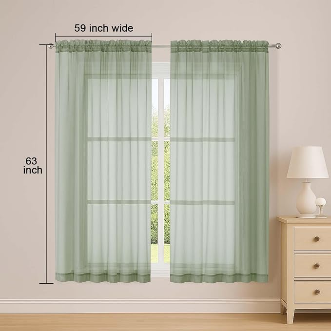 Sheer Sage Green Curtains, Sheer Curtains 63 inch Length 2 Panels Set, Rod - Image 5