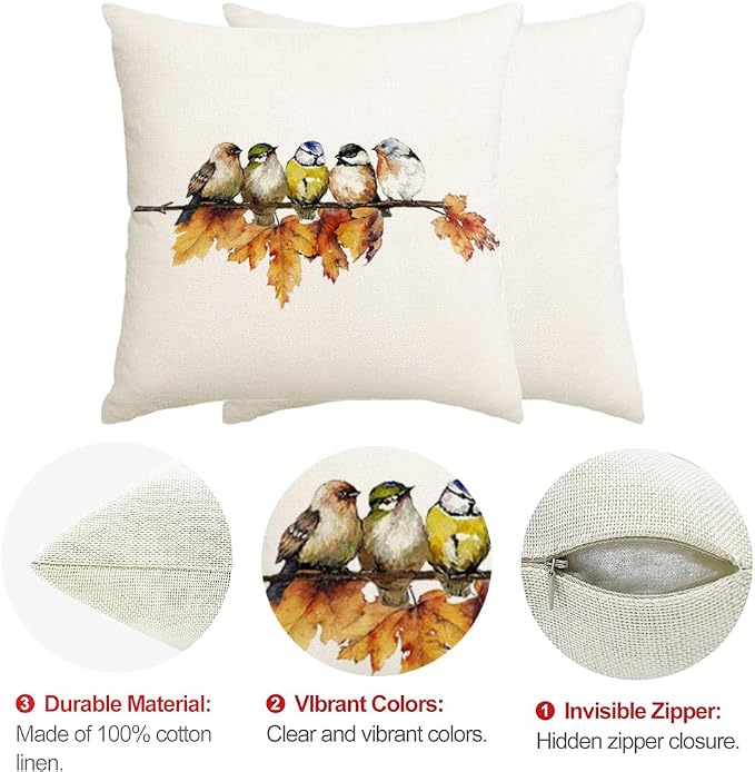 RABUSOFA Fall Pillow Covers 18x18 Inch Watercolor Bird Autumn Decorations - Image 7