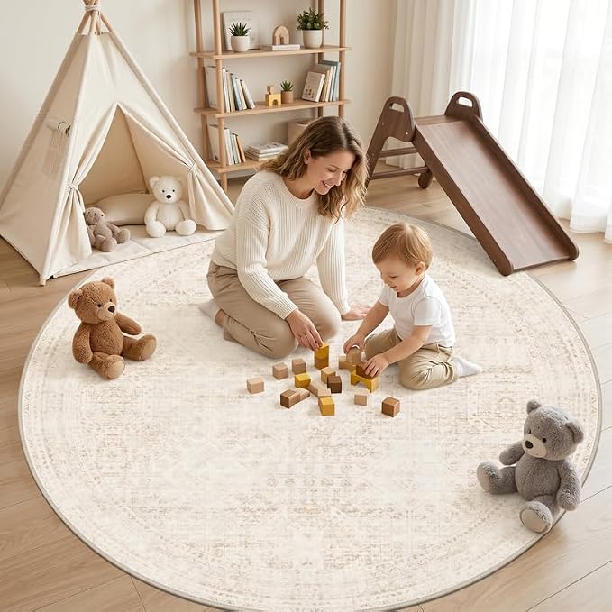 Round Area Rug Living Room: 8ft Neutral Washable Carpet Rug Beige | Vintage - Image 3