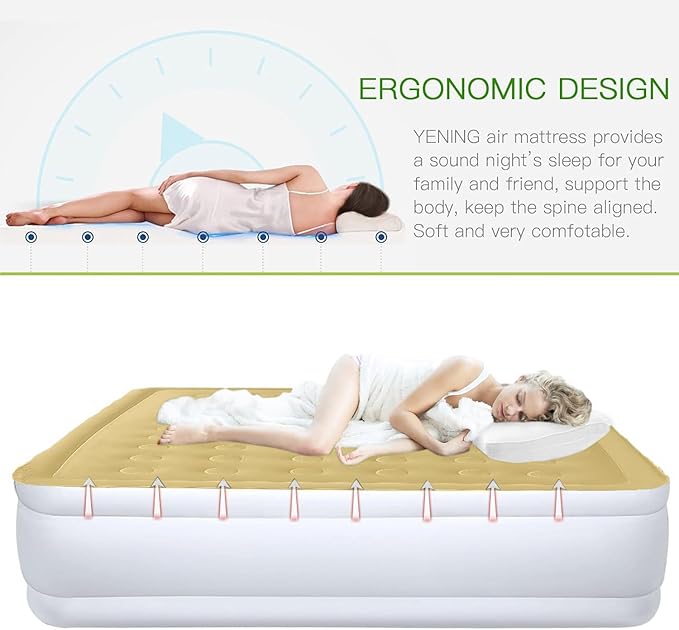 YENING Full Size Air Mattress with Built in Pump Raised Double Blow up Bed Inflatable Camping Airbed Electric 18 Inch Tall Beige