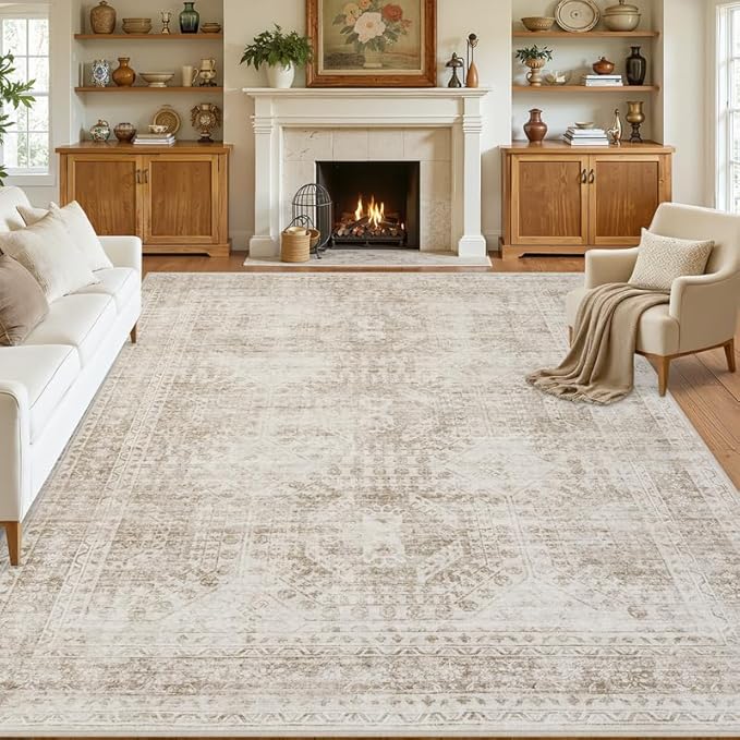 10x14 Area Rugs Living Room: Bedroom Neutral Washable Carpet Brown | Vintage - Image 8
