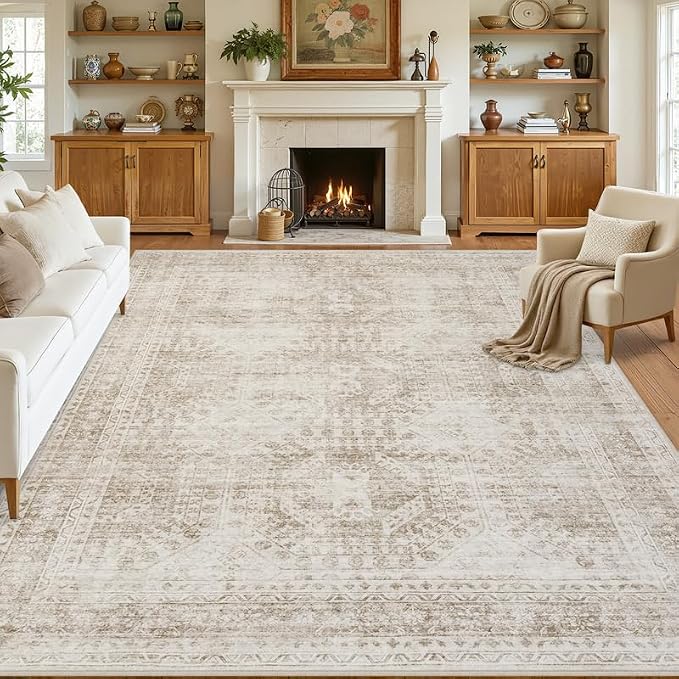 10x12 Area Rugs Living Room: Bedroom Neutral Washable Carpet Brown | Vintage - Image 8