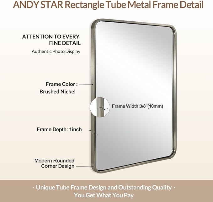 ANDY STAR 24x32 INCH Brushed Nickel Mirror, Rounded Rectangle Silver Metal Framed Mirrors for Bathroom Anti-Rust SUS304, Tube Metal Frame, 1’’ Deep Wall Mounted Vertically/Horizontal