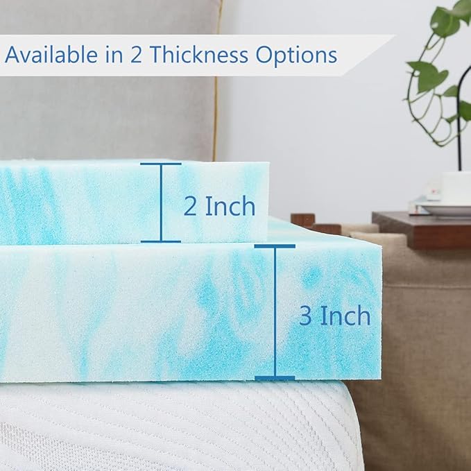 IULULU Mattress Topper, 2 Inch Gel Memory Foam Mattress Topper for Twin Size Bed, Blue