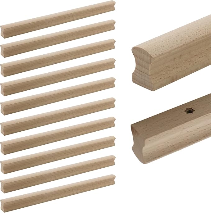 10Pcs Unfinished Beech Wood Solid Furniture Pulls Handles,Unfinished Unpainted Paintable Wooden Cupboard Closet Drawer Handle Pull,Length 11.81",Hole Dis.8.82"