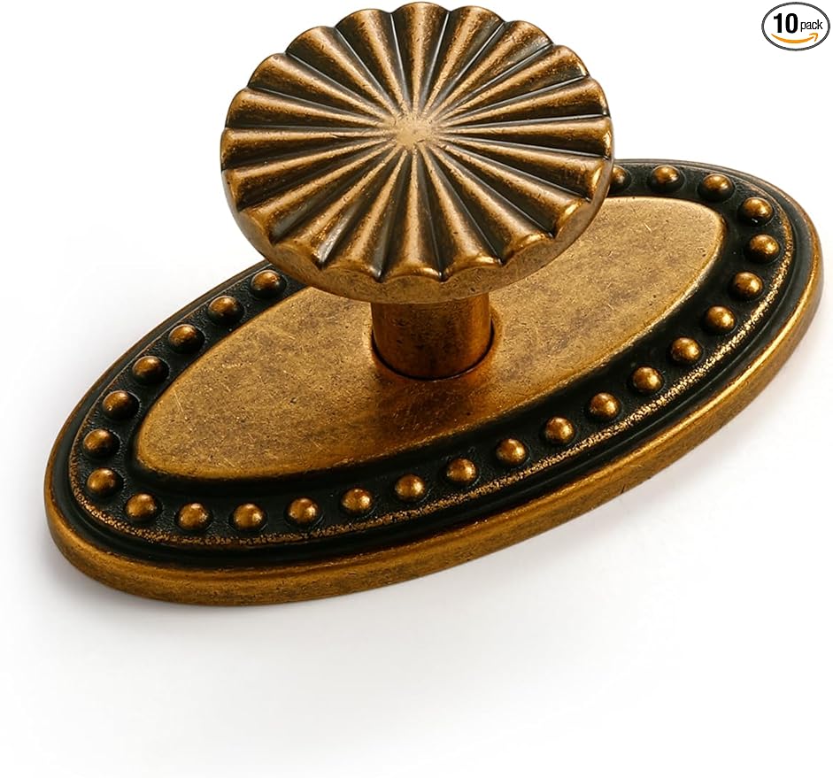 10 Pack Antique Brass Cabinet Knobs with Base Vintage Flat Drawer Pulls Kitchen Cupboard Bathroom Dresser Cabinet Hardware Handles Zinc Alloy