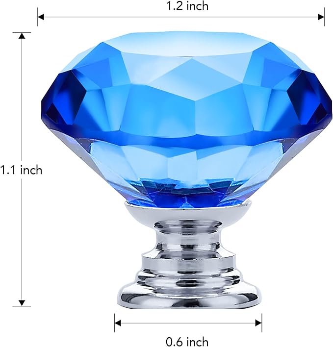 Ravinte 10 Pack Blue Crystal Glass Cabinet Knobs - 30 mm Diamond Shaped Drawer Pulls With Silver Base for Dresser