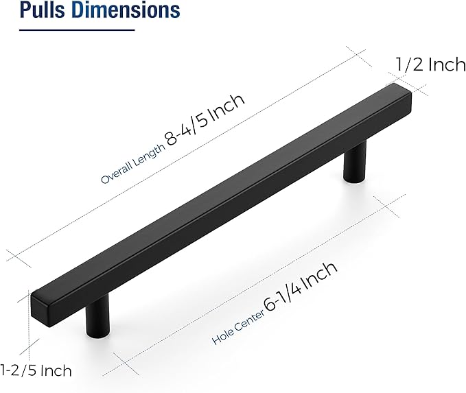 JOY DECOR 60 Pack 6-1/4 Inch Matte Black Square Cabinet Handles Stainless Steel Cabinet Hardware Pulls for Kitchen and Drawers with 8-13/16 Inch Overall Length