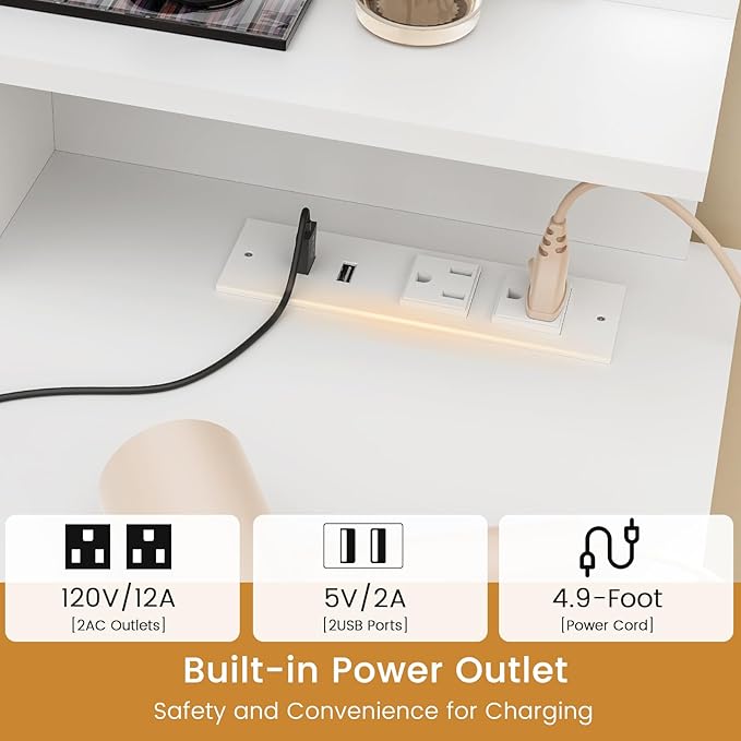 Quimoo Makeup Vanity with 10 Light Bulbs and Charging Station, Vanity Desk with Lighted Mirror & 4 Drawers, Vanity Table Set with Cushioned Stool,White