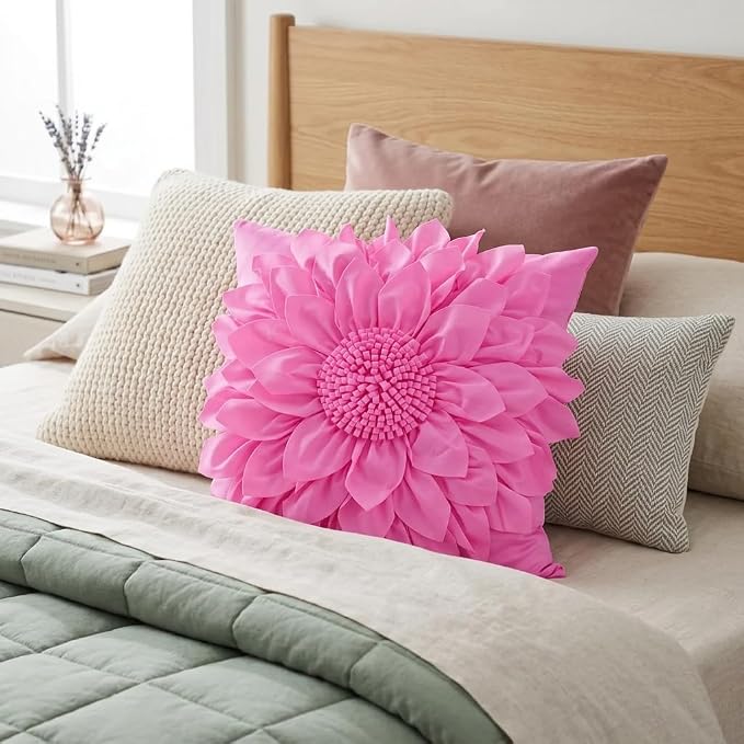 Hot Pink Accent 3D Flower Decorative Throw Pillow Covers - Image 4