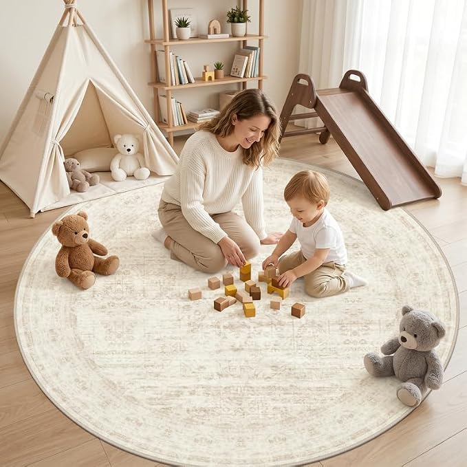 Round Area Rug Living Room: 8ft Washable Carpet Retro Beige | Vintage Boho - Image 3