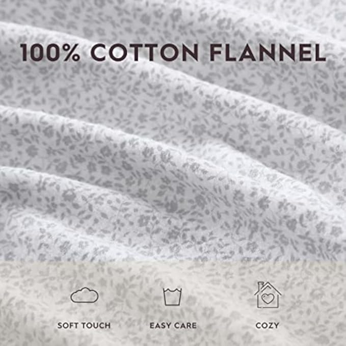 Laura Ashley - Flannel Sheets Twin Size, Anti-Pilling & Wrinkle Resistant Cotton, Touchably Soft for All-Season Comfort - Bed Sheets with Matching Pillowcase & Fitted Sheet (Chelsie Vine Grey)