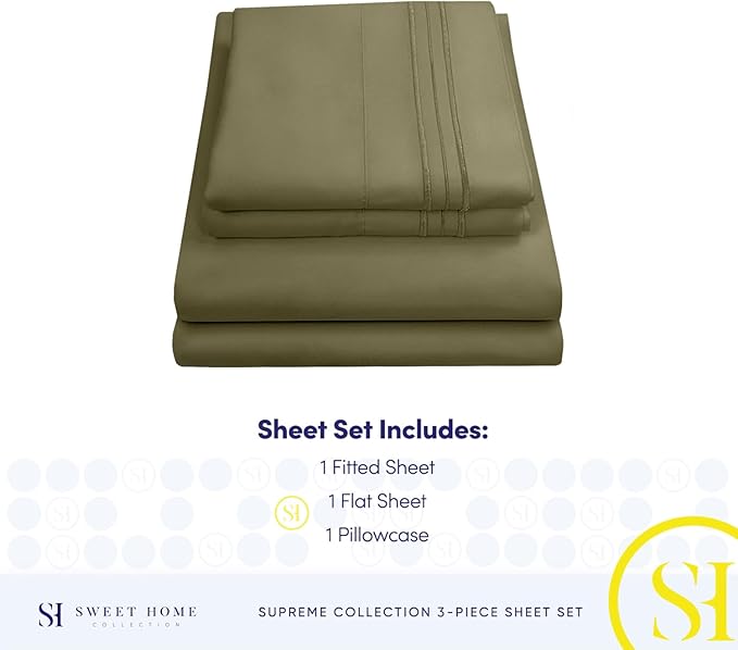 Twin Sheets - Breathable Luxury Sheets with Full Elastic & Secure Corner Straps Built In - 1800 Supreme Collection Extra Soft Deep Pocket Bedding Set, Sheet Set, Twin, Olive