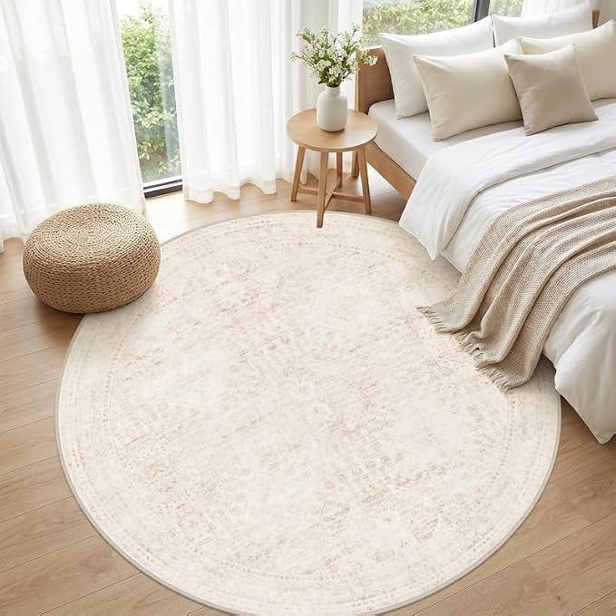 Round Area Rug Living Room: 6ft Neutral Washable Carpet Rug Beige | Vintage - Image 4