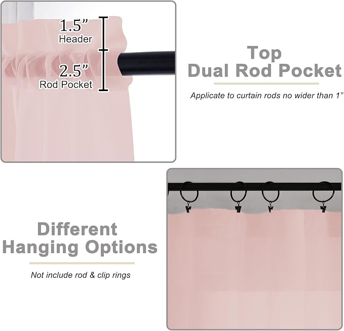 Blush Sheer Curtain for Bedroom Living Room 72 Inches Long 2 Panels Set - Image 4