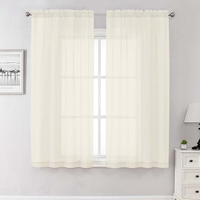 Cream Sheer Curtains 68 Inch Length 2 Pcs, Light Filtering Bedroom Curtains by Lecloud
