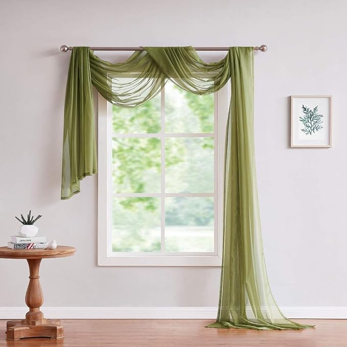 Warm Home Designs 30 Feet Long Sheer Sage Green Window Scarf. These XXL Length Valance Window Scarves 54 X 360 Inches in Size. Great as Bed Canopy or Wedding Arch Draping Fabric. AM Sage 360"