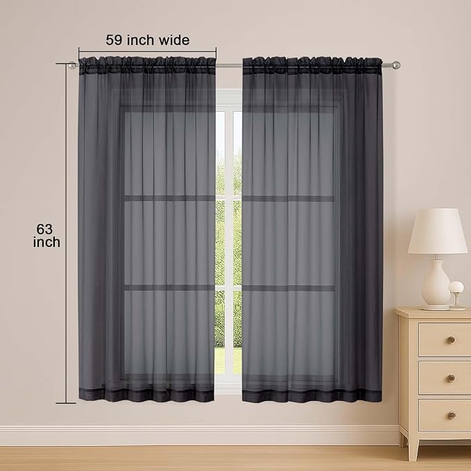 Sheer Black Curtains, Sheer Curtains 63 inch Length 2 Panels Set, Rod Pocket - Image 2