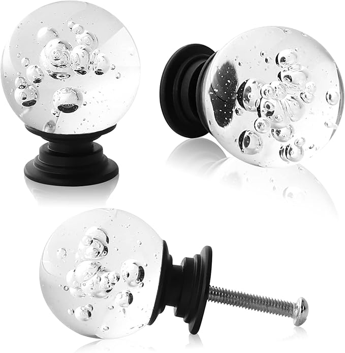 12 Pcs 30mm Round Shape Bubble Crystal Glass Cabinet Knobs with Screws Drawer Knob Pull Handle Used for Kitchen, Dresser, Door, Cupboard (Black Base Clear)