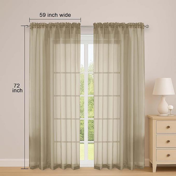 Taupe Sheer Curtains 72 Inches Long 2 Panels Set, Transparent Voile Sheer - Image 2