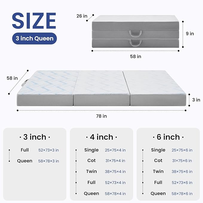 Foldable Mattress Queen 3 inch -Portable White Memory Foam Folding Matress with Washable Cover for Camping Travel Guest Room Home Use-Non-Slip&Easy Storage