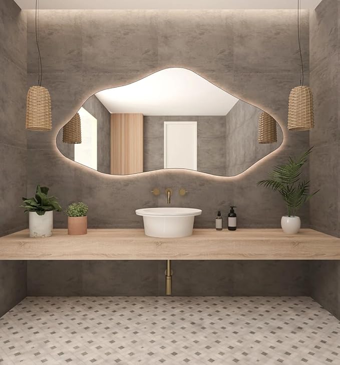 Asymmetrical Bathroom LED Mirror, Modern Irregular Shape Wall Mirror with LED Lights, Frameless Aesthetic Backlit LED Illimunated Vanity Mirror (38" x 19" inc)