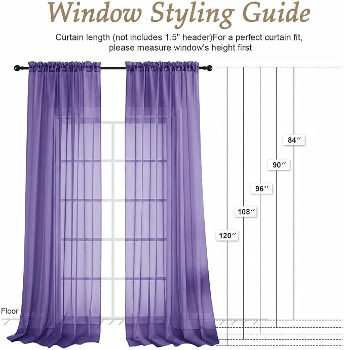 Purple Sheer Curtains 63 Inches Long 2 Panels Set, Light Filtering Sheer - Image 2