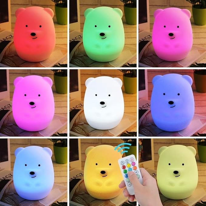 Night Light for Kids, Bedside Lamp for Children, Baby Nursery Lamp for Breastfeeding Safe, Break Resistant, Eye Caring, Adjustable Brightness & Color, Touch Control, Child Gift - Medium Bear