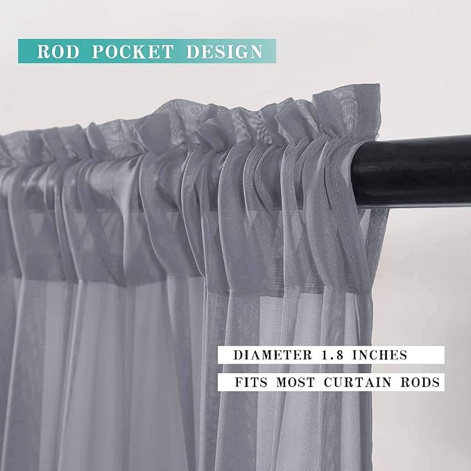 MIULEE 2 Panels Tiers Half Window Sheer Curtains 29 X 36 Inch Dark Grey | Rod - Image 2