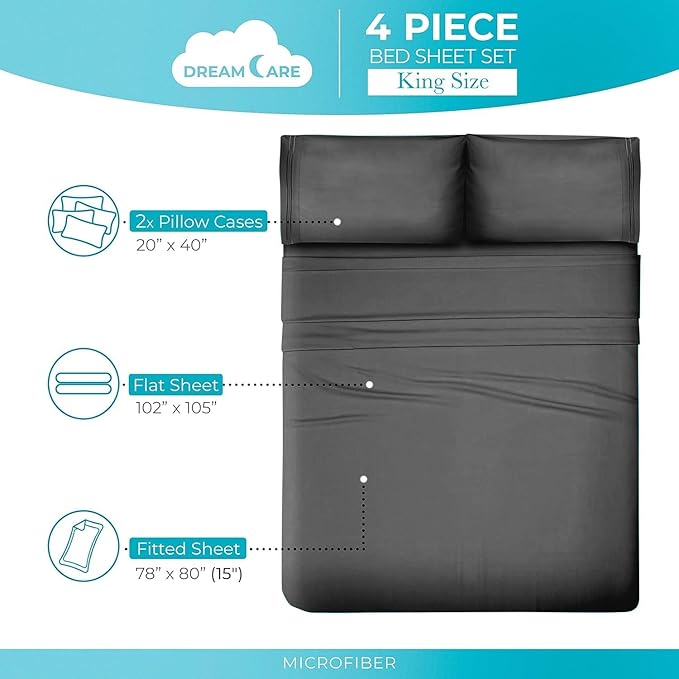 DREAMCARE Twin XL Sheet Set - Cooling Bed Sheets - 4pc Set - Deep Pocket - Soft & Long Lasting 100% Polyester with Side Pocket - Dark Gray
