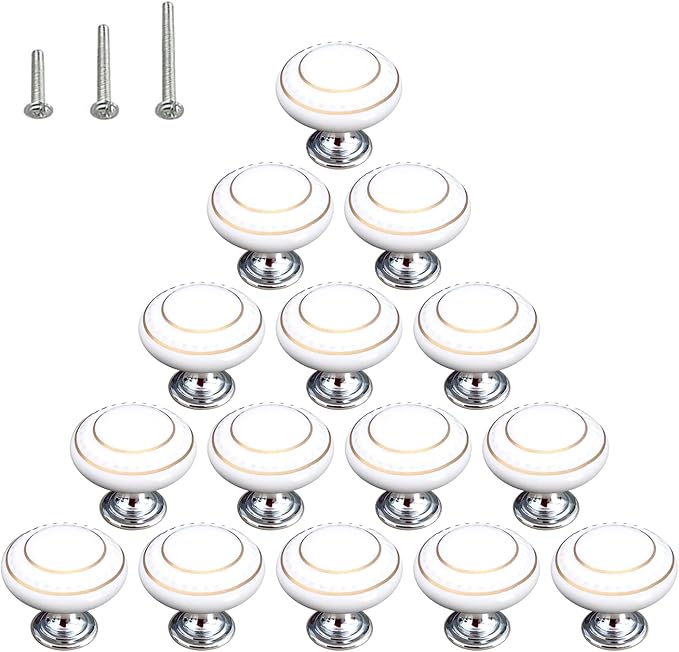 HUAMULAN 15 Pack Ceramic Knob Simple Dresser Kitchen Round Cabinet Pulls Zinc Alloy Base Cupboard Wardrobe Drawer Door Handles,3 Size Screws A4-43-BaiGold-15PCS