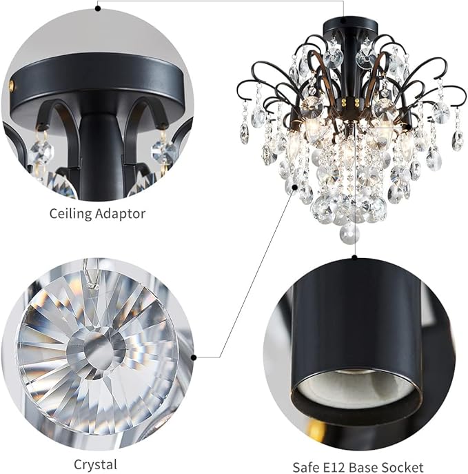 WUZUPS Crystal Chandelier Flushmount Ceiling Light Modern Lighting Fixture for Bedroom Hallway Bar Kitchen Bathroom, H 17.5'' x W 19.3'', E12 Base, Black