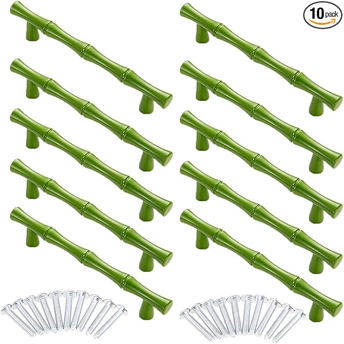 10pcs Cabinet Handles Hole Centers 3-3/4",Bamboo Shape Kitchen Cupboard Dresser Closet Drawer Door Pulls Green