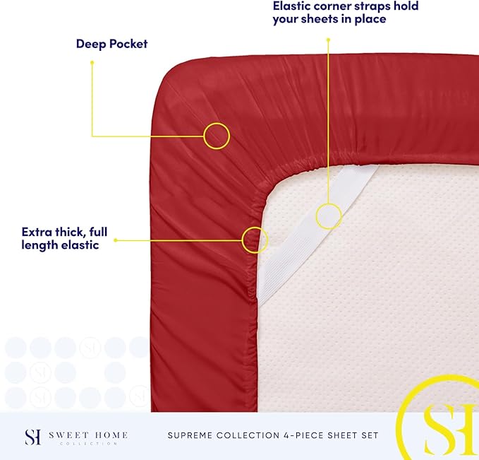 RV Queen Bed Sheets - Breathable Luxury Sheets with Full Elastic & Secure Corner Straps Built In - 1800 Supreme Collection Extra Soft Deep Pocket Bedding Set, Sheet Set, RV Short Queen, Red