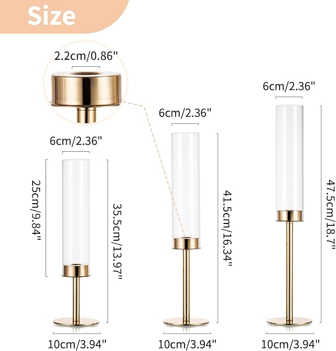 NUPTIO Gold Candlestick Holders Bulk: Set of 18 Glass Hurricane Taper Candle Holders - Decorative Candle Stick Stand for Fall Christmas Fireplace Dining Table Decor